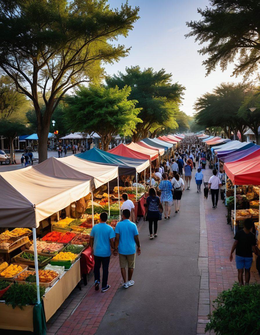 A vibrant street scene in Alief, showcasing a diverse community enjoying a local market filled with colorful stalls, art, and food from various cultures, interspersed with community members engaging in events and activities. Add in images of parks and cozy cafes to reflect the lifestyle, with a warm sunset in the background. super-realistic. vibrant colors. community-centered.