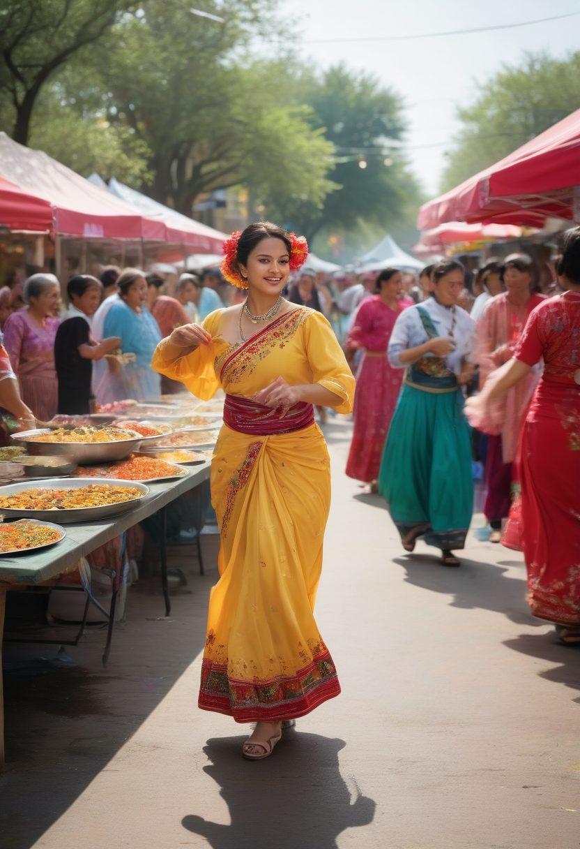 A vibrant street scene in Alief showcasing a diverse community engaged in local cultural activities; include food stalls with colorful dishes, people dancing in traditional attire, and blooming flowers in the background. Capture the warmth and richness of Alief’s lifestyle, reflecting unity and vibrancy. super-realistic. vibrant colors. dynamic composition.